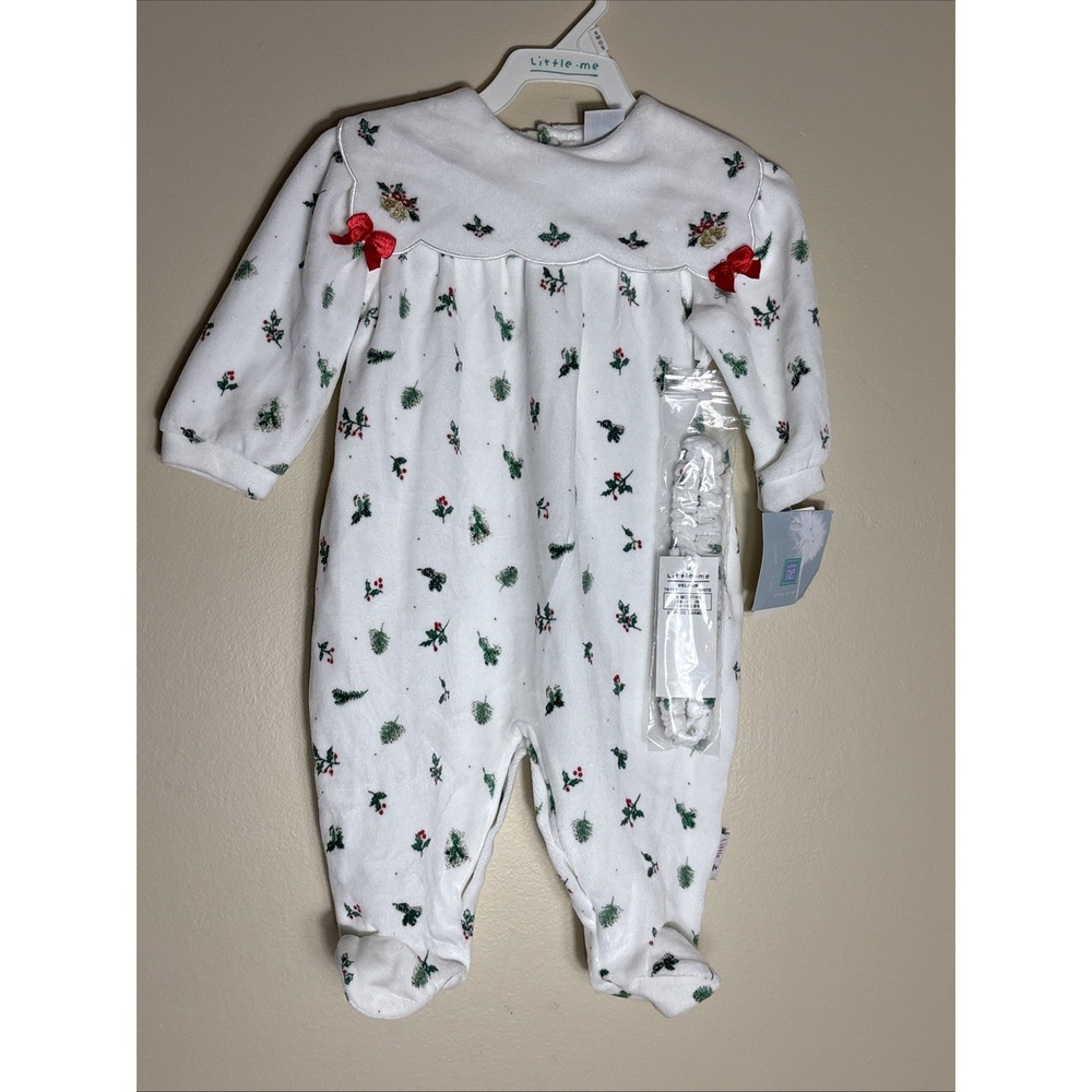 NWT Little Me Girls 6Months Plaid Christmas Sleeper with Bows and Headband‎